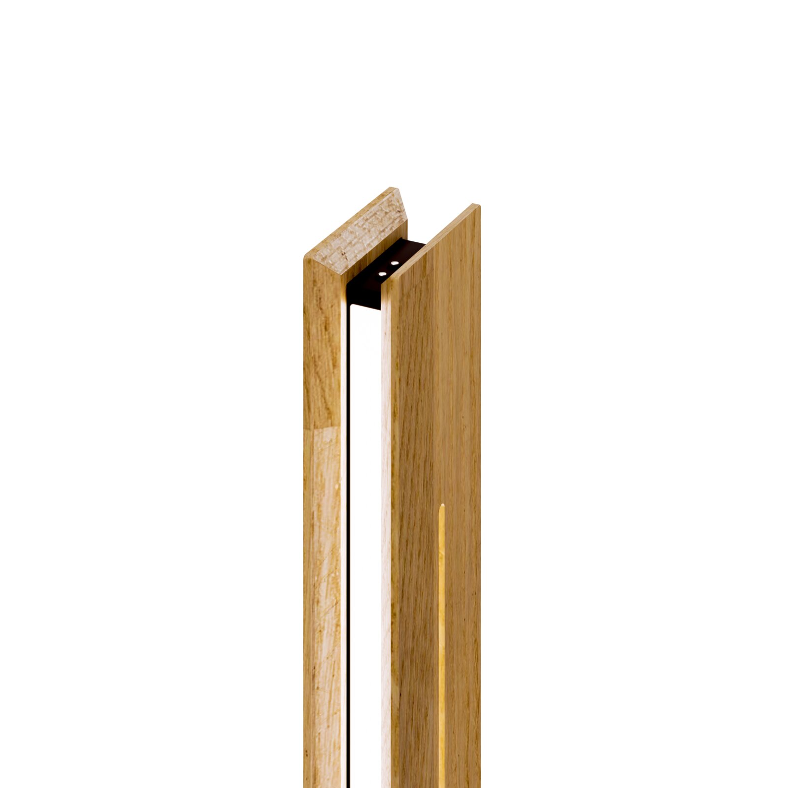 Moderne LED-Stehleuchte aus Holz in Nahaufnahme, seitliche Perspektive