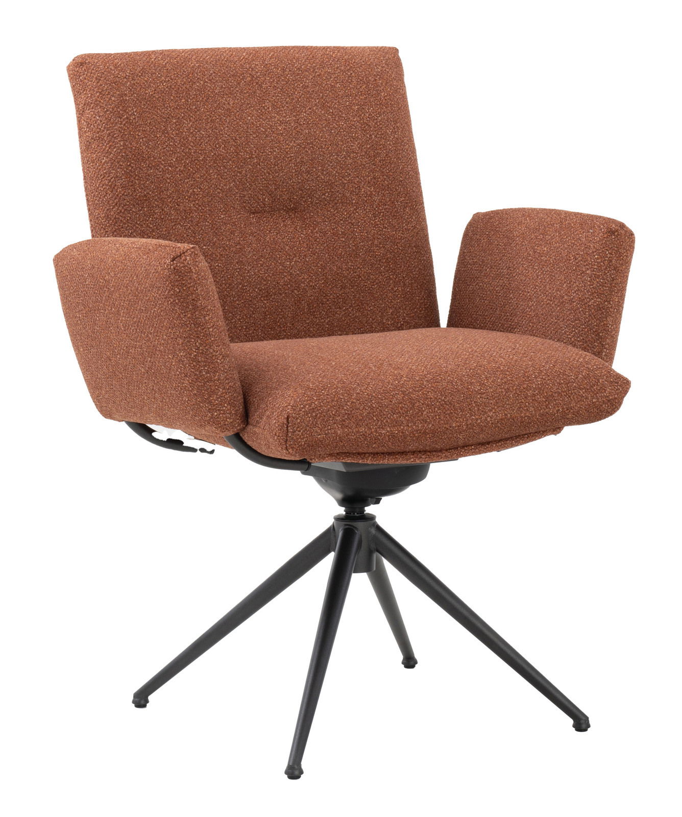 Brauner Armlehnstuhl mit schwarzem Metallgestell, seitliche Perspektive