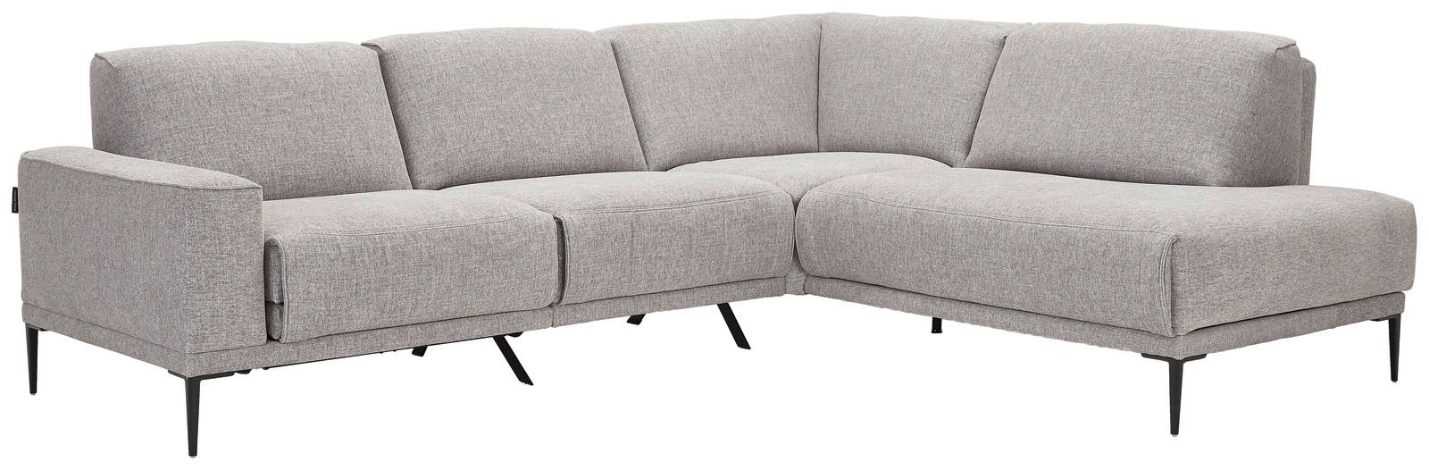 Graue Polsterrundecke in L-Form mit Metallfüßen, seitliche Perspektive