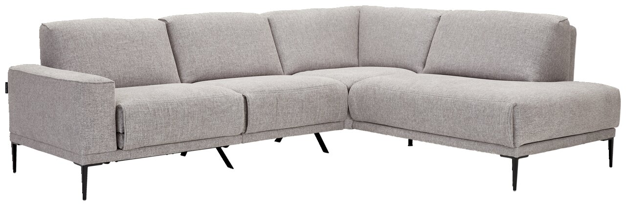 Graue Polsterrundecke in L-Form mit Metallfüßen, seitliche Perspektive