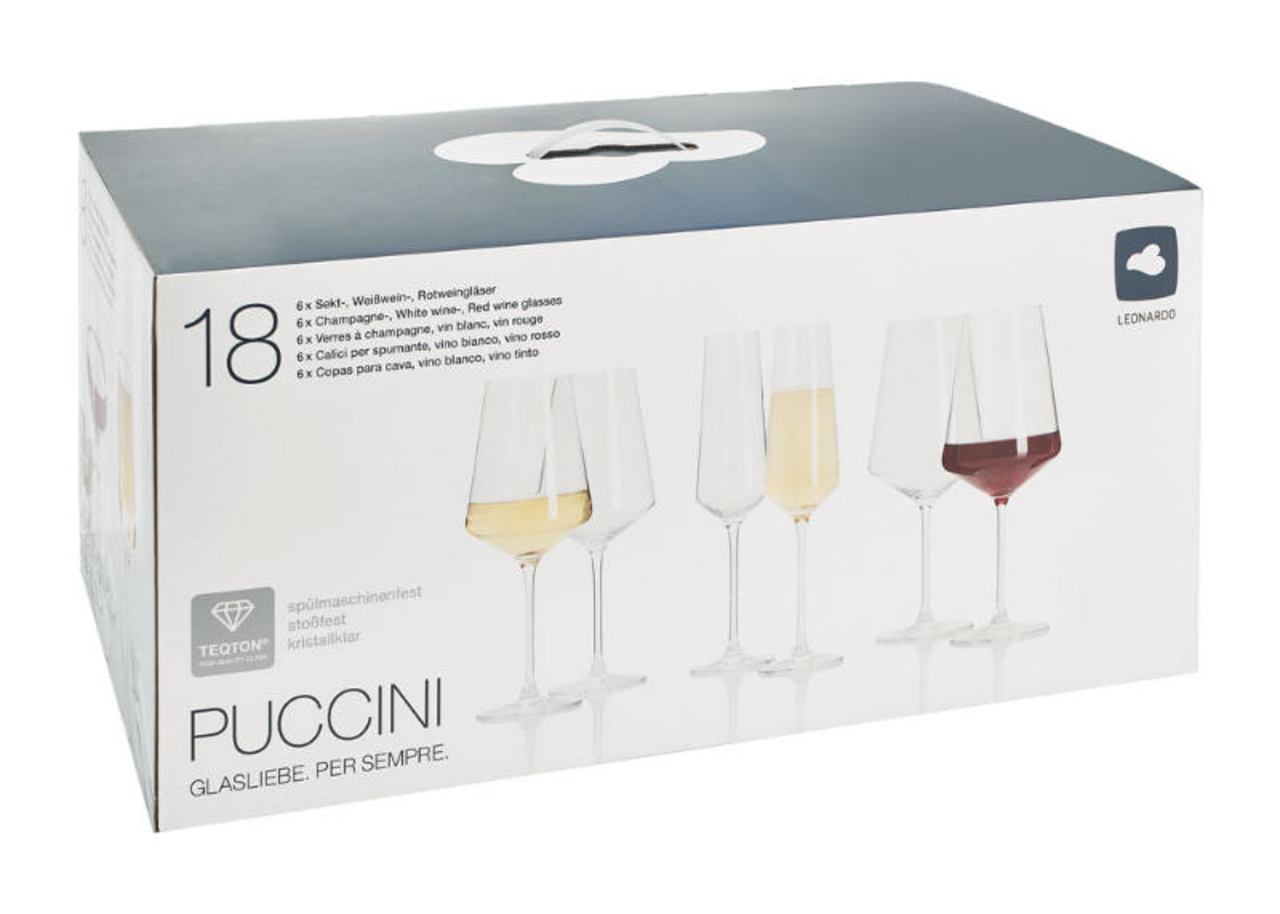 Verpackung des 18-teiligen Kelchglassets Puccini von Leonardo, mit Abbildungen von Sekt-, Weißwein- und Rotweingläsern, seitliche Perspektive.