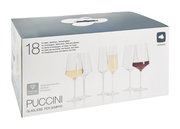 Verpackung des 18-teiligen Kelchglassets Puccini von Leonardo, mit Abbildungen von Sekt-, Weißwein- und Rotweingläsern, seitliche Perspektive.
