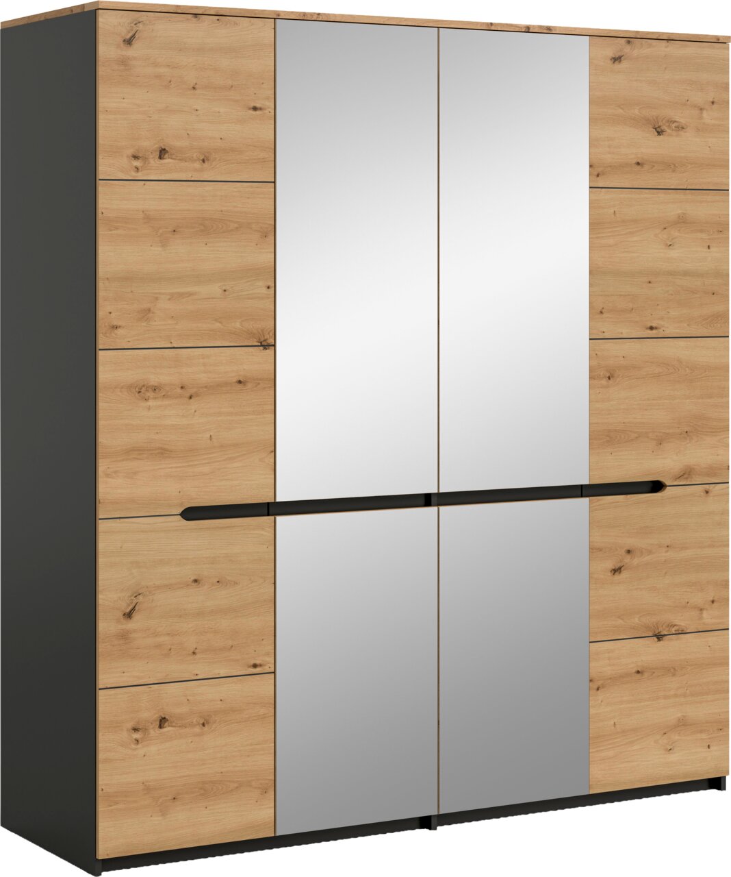MID.YOU Kleiderschrank 4-türig CANU Moderner Kleiderschrank in Holzoptik mit zwei mittigen Spiegeltüren, anthrazitfarbenen Seiten und schwarzer Griffleiste, Ansicht schräg von vorn