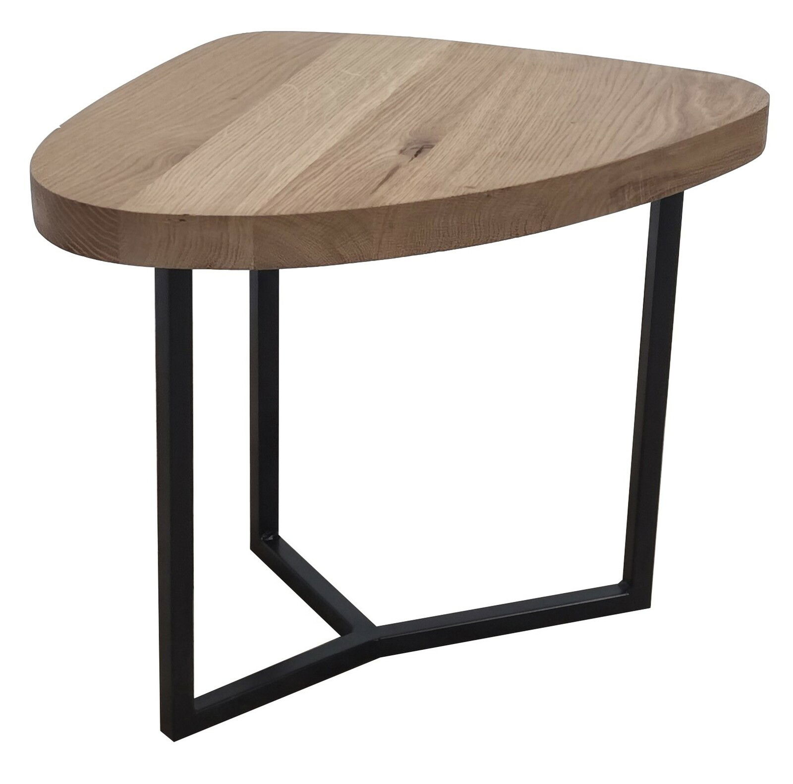Moderner Couchtisch mit dreieckiger Holzplatte und schwarzem Metallgestell, seitliche Perspektive