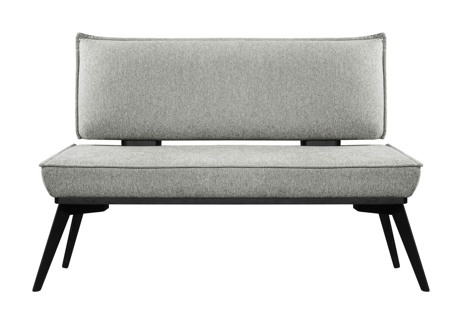 Graue Bank mit gepolstertem Sitz und Rückenlehne, schwarze Beine, Frontalansicht