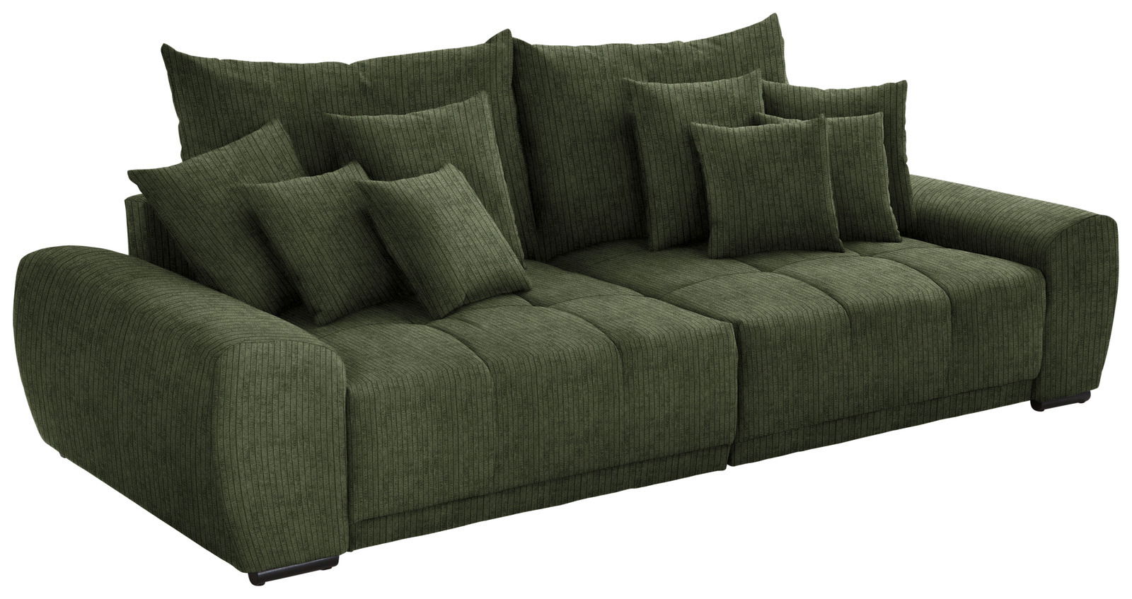 Großes, grünes Big-Sofa mit mehreren Kissen, seitliche Perspektive