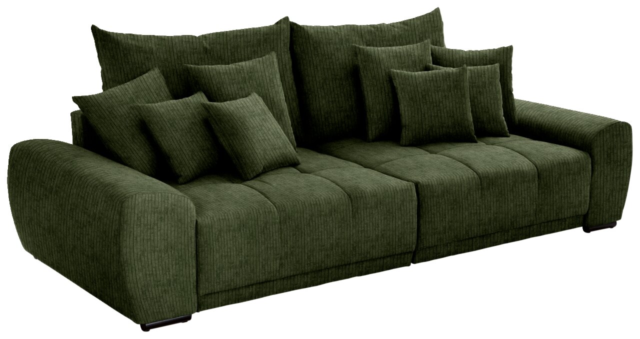 Großes, grünes Big-Sofa mit mehreren Kissen, seitliche Perspektive