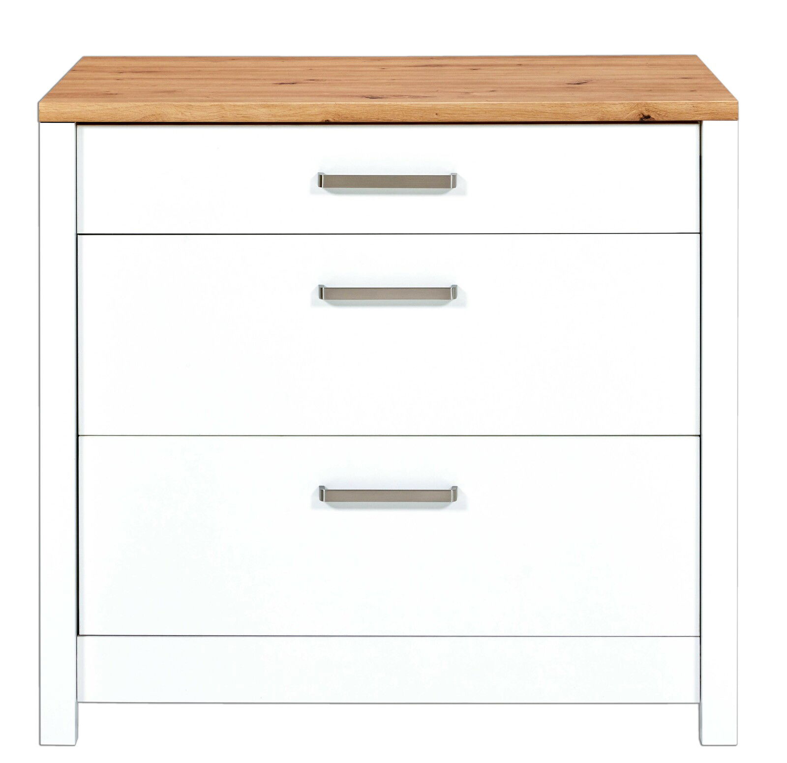 Weißer Schubkastenunterschrank mit drei Schubladen und Holzplatte, frontale Ansicht