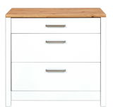 Weißer Schubkastenunterschrank mit drei Schubladen und Holzplatte, frontale Ansicht