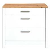 Weißer Schubkastenunterschrank mit drei Schubladen und Holzplatte, frontale Ansicht