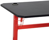Gaming Tisch mit schwarzer Tischplatte und rotem Gestell, seitliche Perspektive