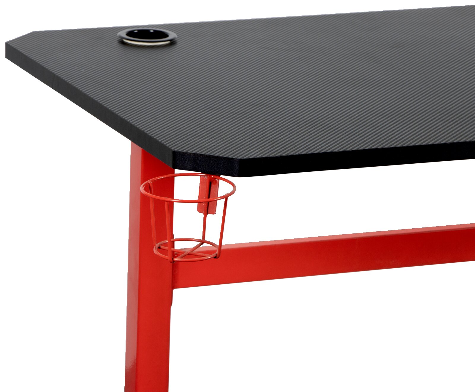Gamingtafel met zwart tafelblad en rood onderstel, zijaanzicht