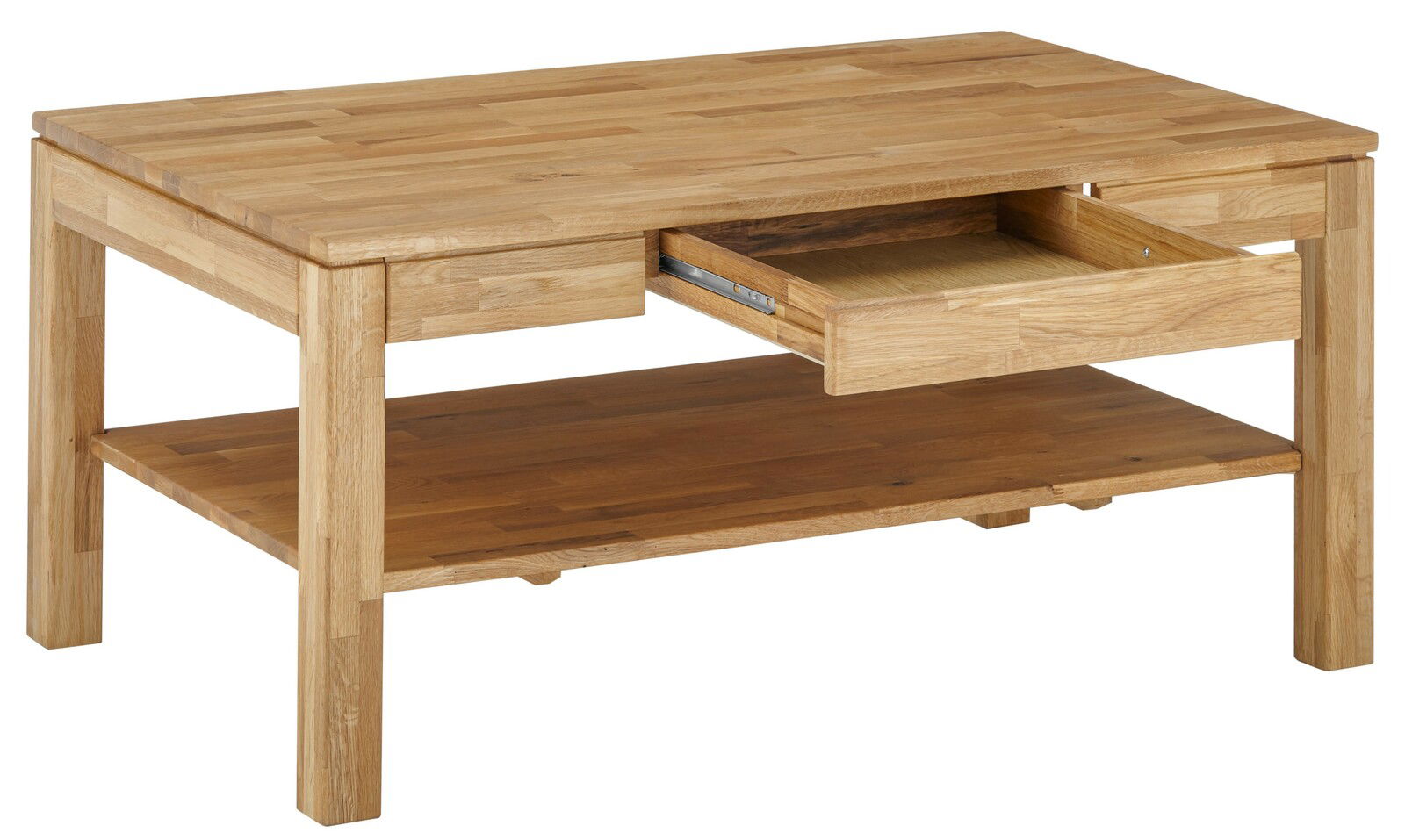 Holz-Couchtisch mit Schublade und Ablagefläche, seitliche Perspektive