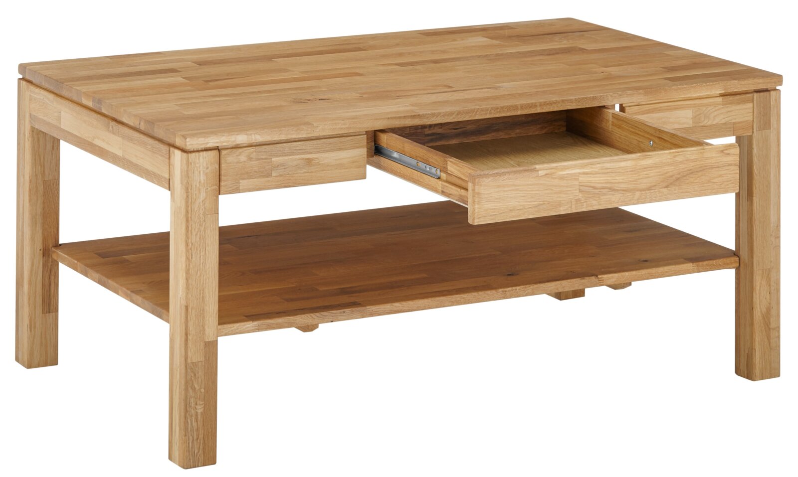 Holz-Couchtisch mit Schublade und Ablagefläche, seitliche Perspektive