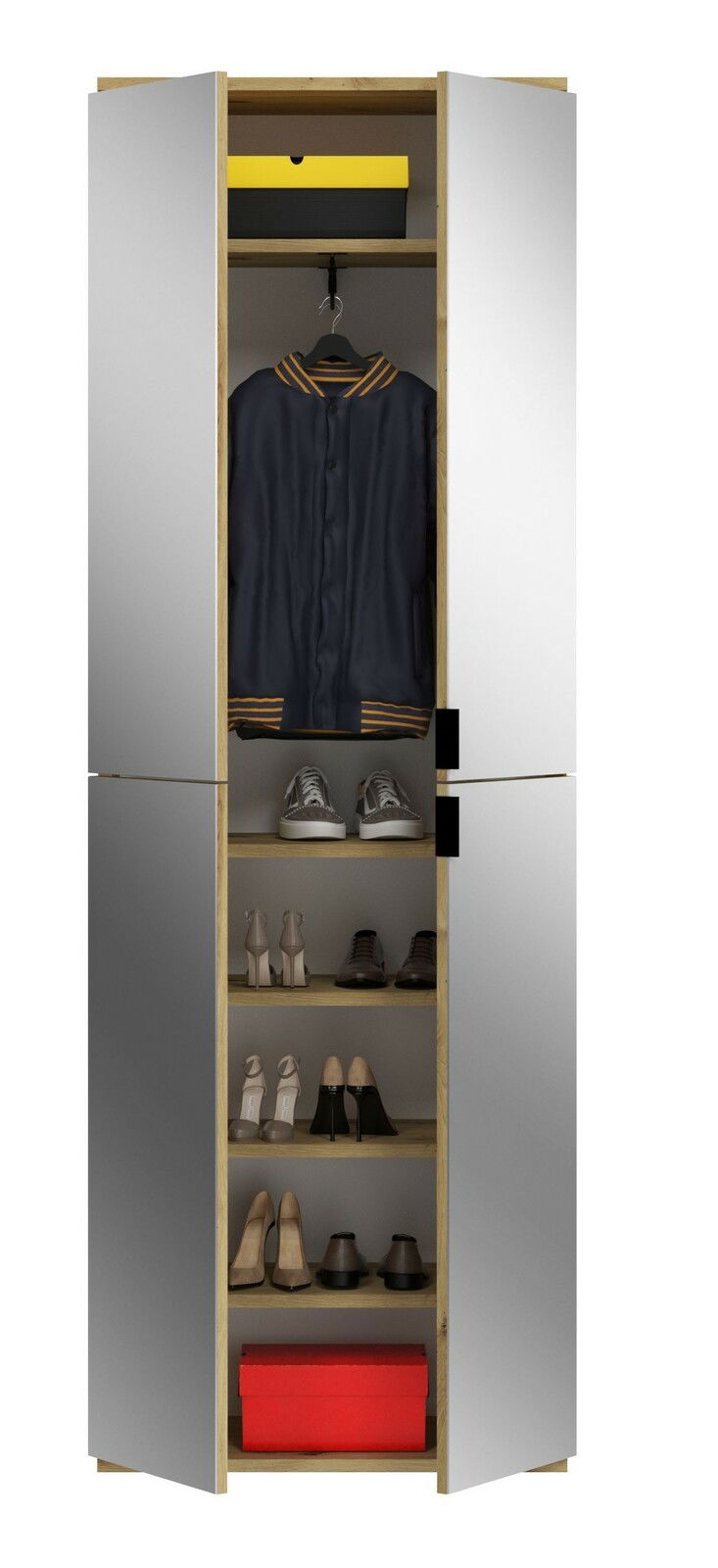 Garderobenkombination mit geöffneten Türen, zeigt eine Jacke, Schuhe und Aufbewahrungsboxen aus der Frontalperspektive.