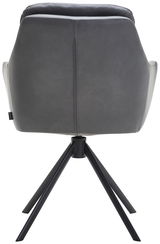 Rückansicht eines grauen Armlehnstuhls mit schwarzem Metallgestell