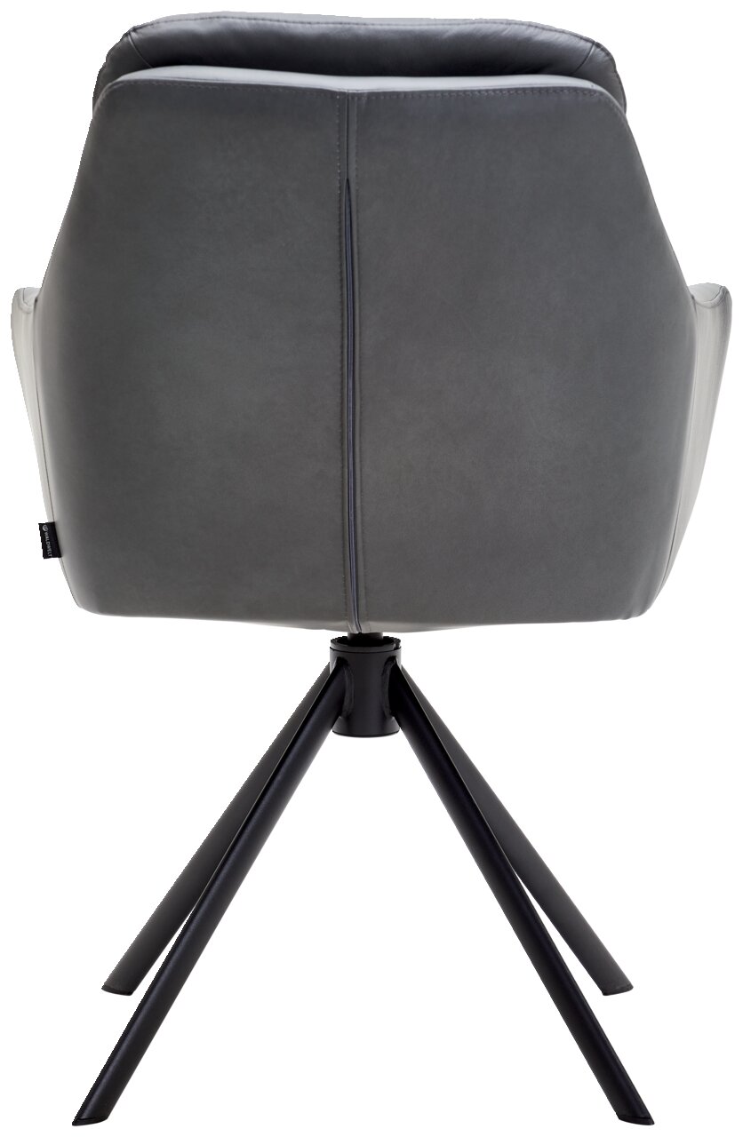 Rückansicht eines grauen Armlehnstuhls mit schwarzem Metallgestell