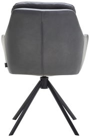 Rückansicht eines grauen Armlehnstuhls mit schwarzem Metallgestell