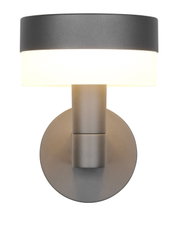 Moderne LED-buitenwandlamp in antraciet met een rond ontwerp, afgebeeld van voren.