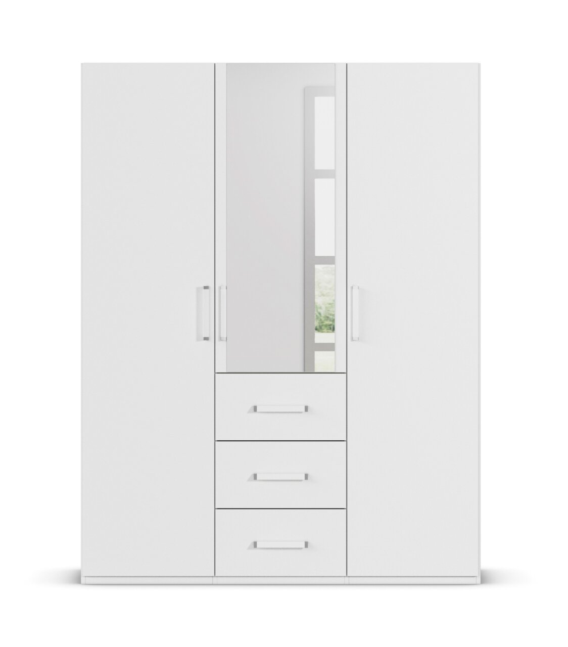 Weißer dreitüriger Drehtürenschrank mit mittigem Spiegel und drei Schubladen, Frontalansicht