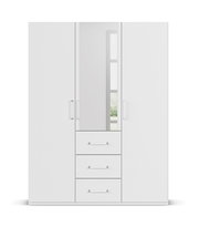 Weißer dreitüriger Drehtürenschrank mit mittigem Spiegel und drei Schubladen, Frontalansicht