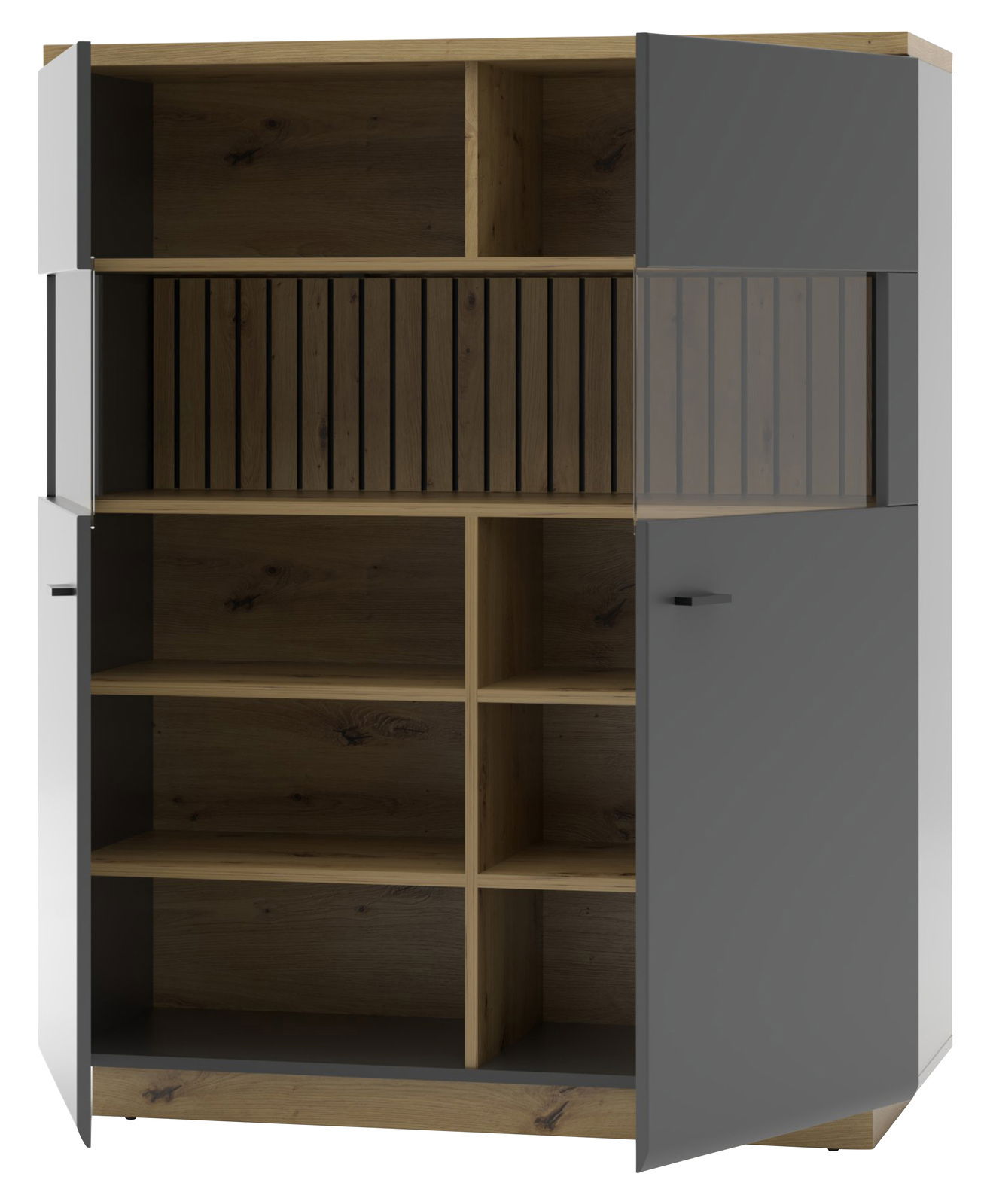 Highboard mit offenen Türen, Holzoptik und grauen Fronten, frontale Ansicht