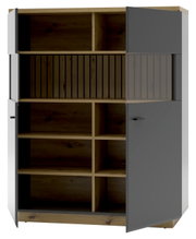 Highboard met open deuren, houtlook en grijze fronten, vooraanzicht