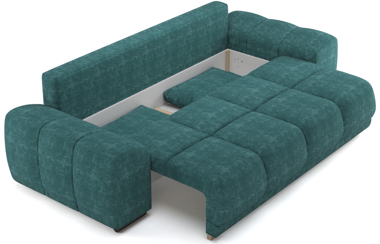 Funktionssofa in türkis aus der Vogelperspektive, teilweise ausgeklappt mit Stauraum sichtbar.