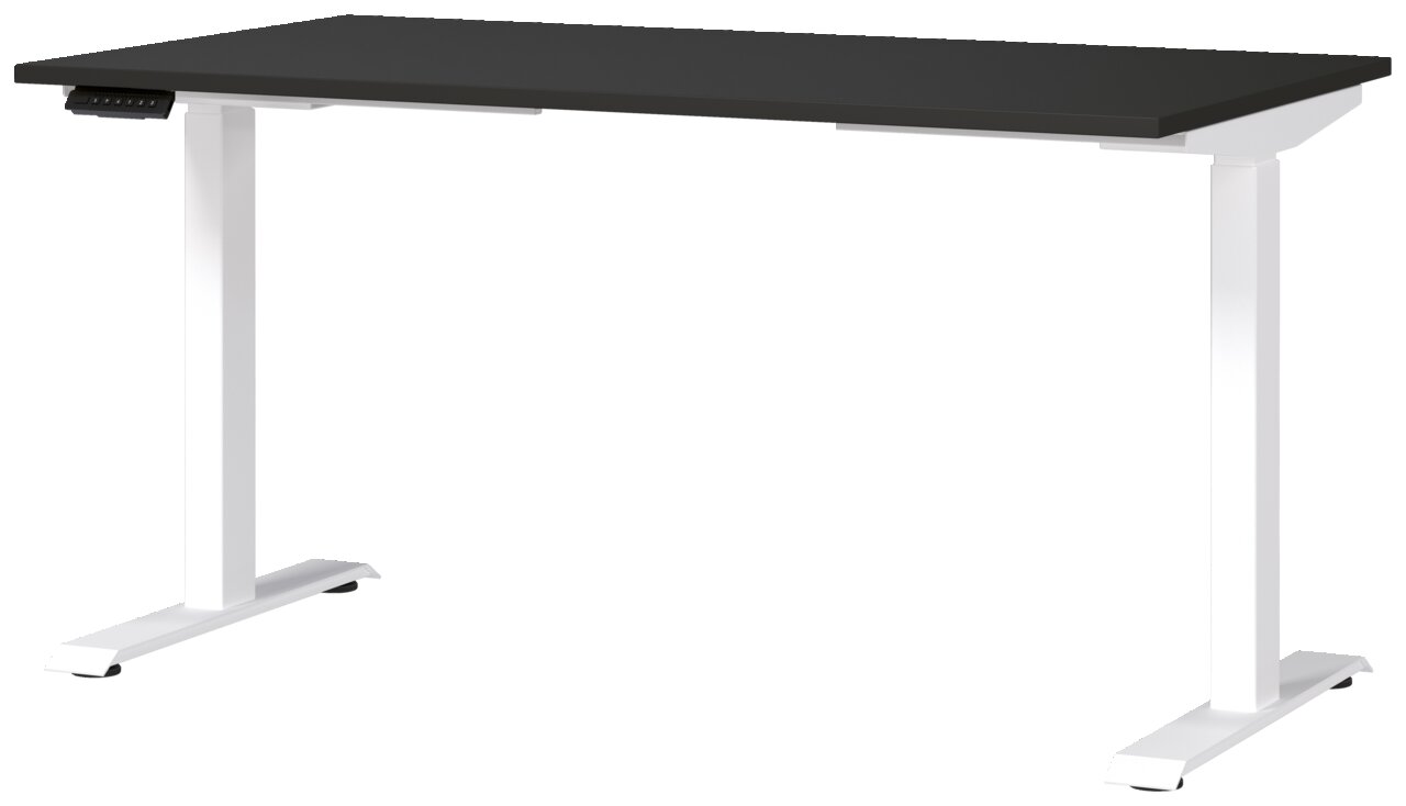 Moderner E-Schreibtisch mit schwarzer Tischplatte und weißen Beinen, seitliche Perspektive
