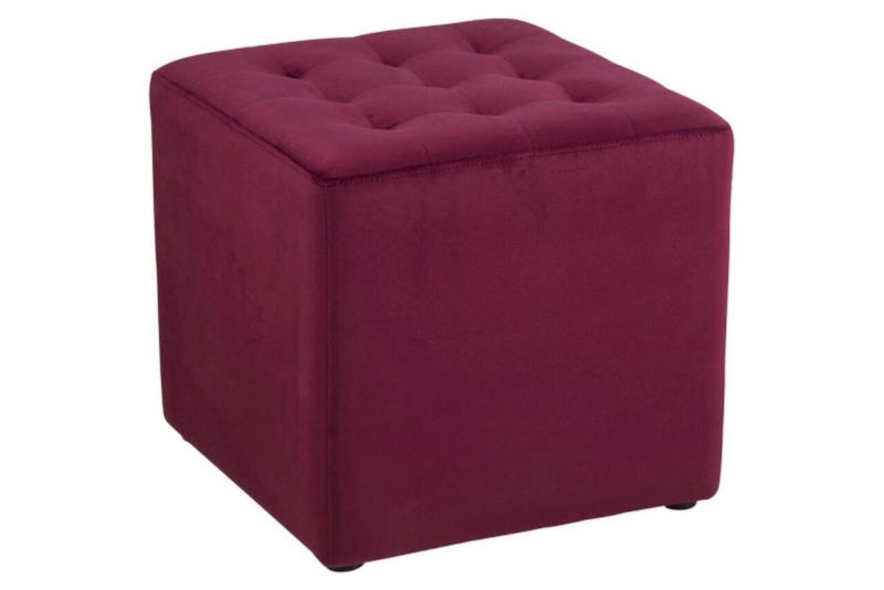 Roter, quadratischer Hocker mit gepolsterter Oberfläche, seitliche Perspektive