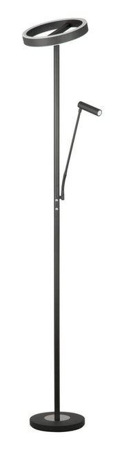 Schwarzer LED-Deckenfluter mit Leselampe, seitliche Perspektive