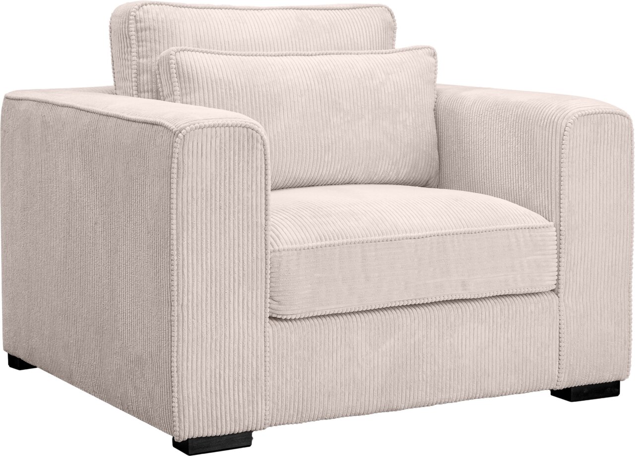 MID.YOU 1-Sitzer ALMERA Beiger Cord-Sessel mit breiten Armlehnen, Sitz- und Rückenkissen auf schwarzen Füßen, freigestellt vor weißem Hintergrund, Ansicht schräg von vorne links.