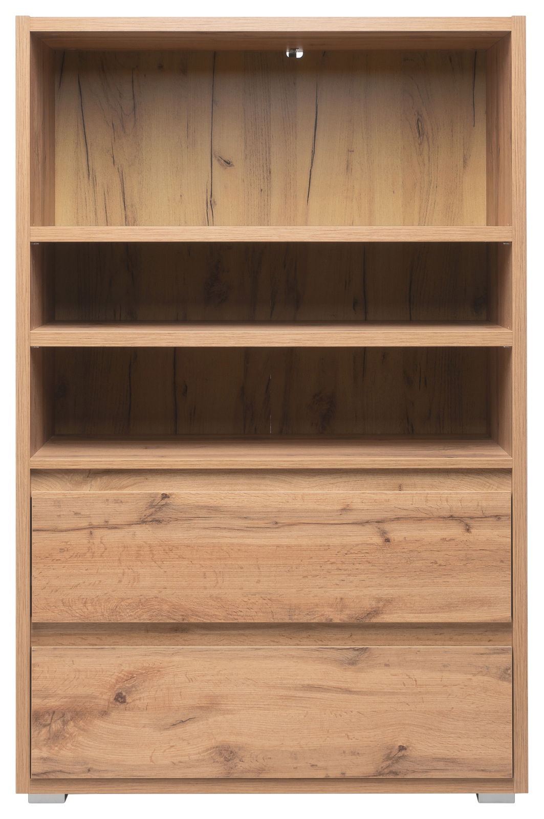 Holzregal mit zwei offenen Fächern und zwei Schubladen, frontale Ansicht