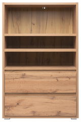 Holzregal mit zwei offenen Fächern und zwei Schubladen, frontale Ansicht