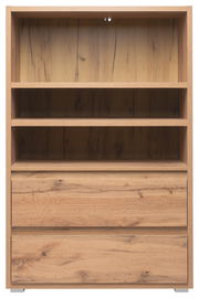 Holzregal mit zwei offenen Fächern und zwei Schubladen, frontale Ansicht