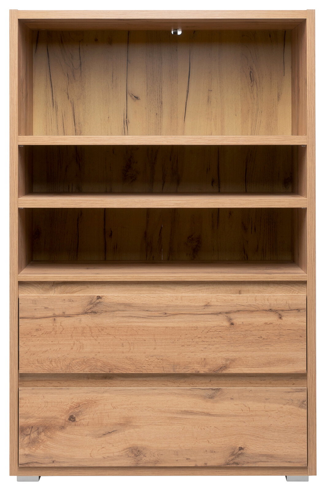 Holzregal mit zwei offenen Fächern und zwei Schubladen, frontale Ansicht