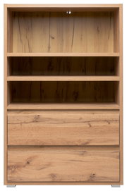 Holzregal mit zwei offenen Fächern und zwei Schubladen, frontale Ansicht