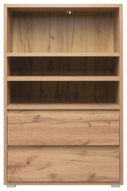 Holzregal mit zwei offenen Fächern und zwei Schubladen, frontale Ansicht
