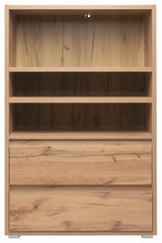 Holzregal mit zwei offenen Fächern und zwei Schubladen, frontale Ansicht
