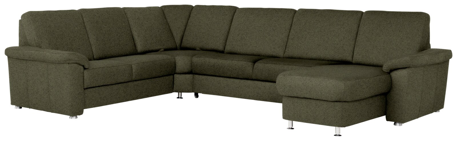 Beldomo System Ecksofa TYRON-S Olivegrünes U-förmiges Ecksofa mit gepolsterten Armlehnen, strukturierter Stoffoberfläche und Metallfüßen, Frontansicht leicht schräg von vorne