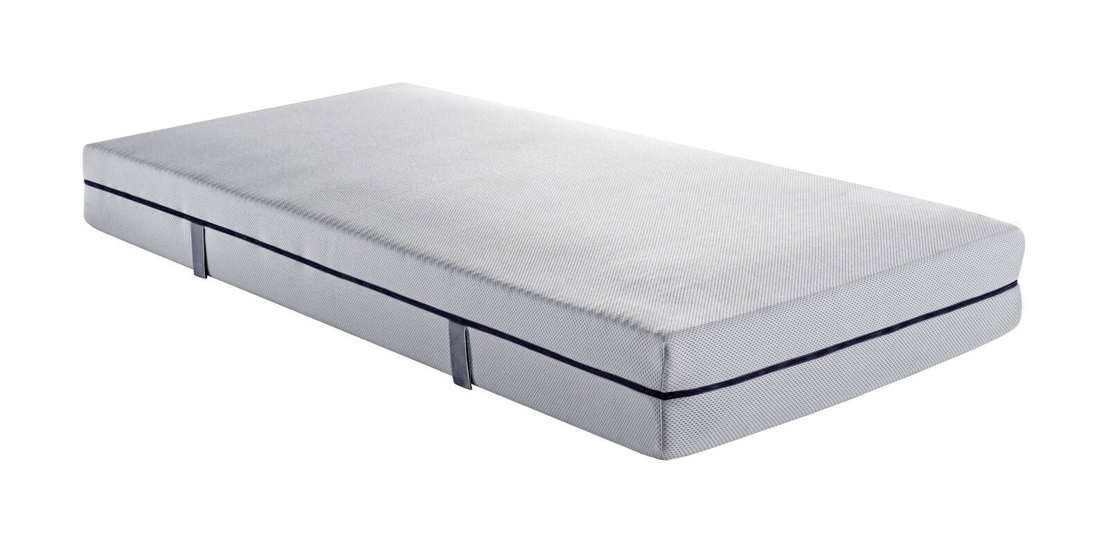 Taschenfederkernmatratze in seitlicher Perspektive, mit grauem Bezug und dunklem Streifen.