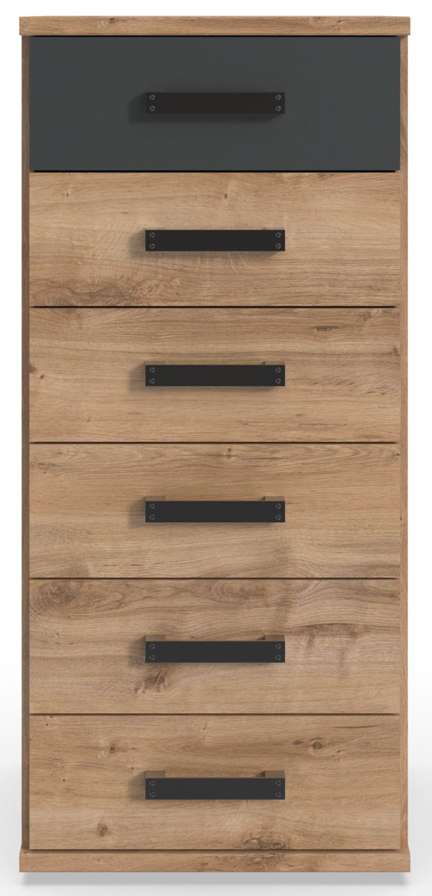 Frontansicht einer modernen Kommode aus Holz mit sechs Schubladen und schwarzen Griffen.