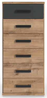 Frontansicht einer modernen Kommode aus Holz mit sechs Schubladen und schwarzen Griffen.