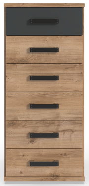 Frontansicht einer modernen Kommode aus Holz mit sechs Schubladen und schwarzen Griffen.