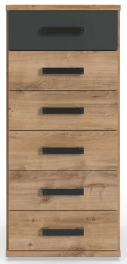 Frontansicht einer modernen Kommode aus Holz mit sechs Schubladen und schwarzen Griffen.