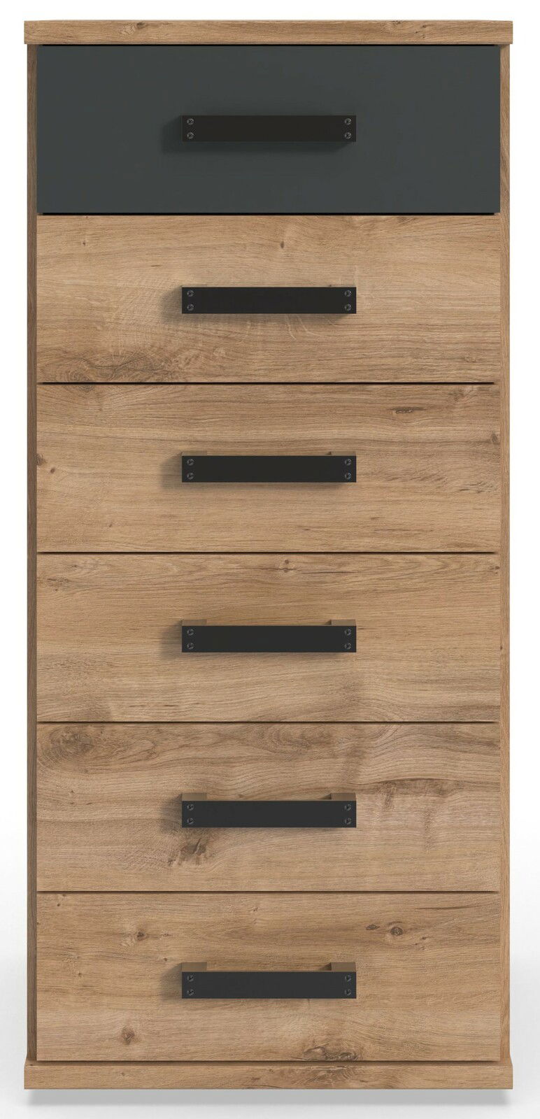 Frontansicht einer modernen Kommode aus Holz mit sechs Schubladen und schwarzen Griffen.