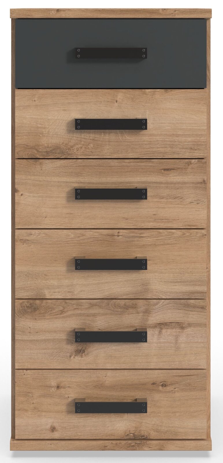 Vooraanzicht van een moderne houten ladekast met zes lades en zwarte handgrepen.