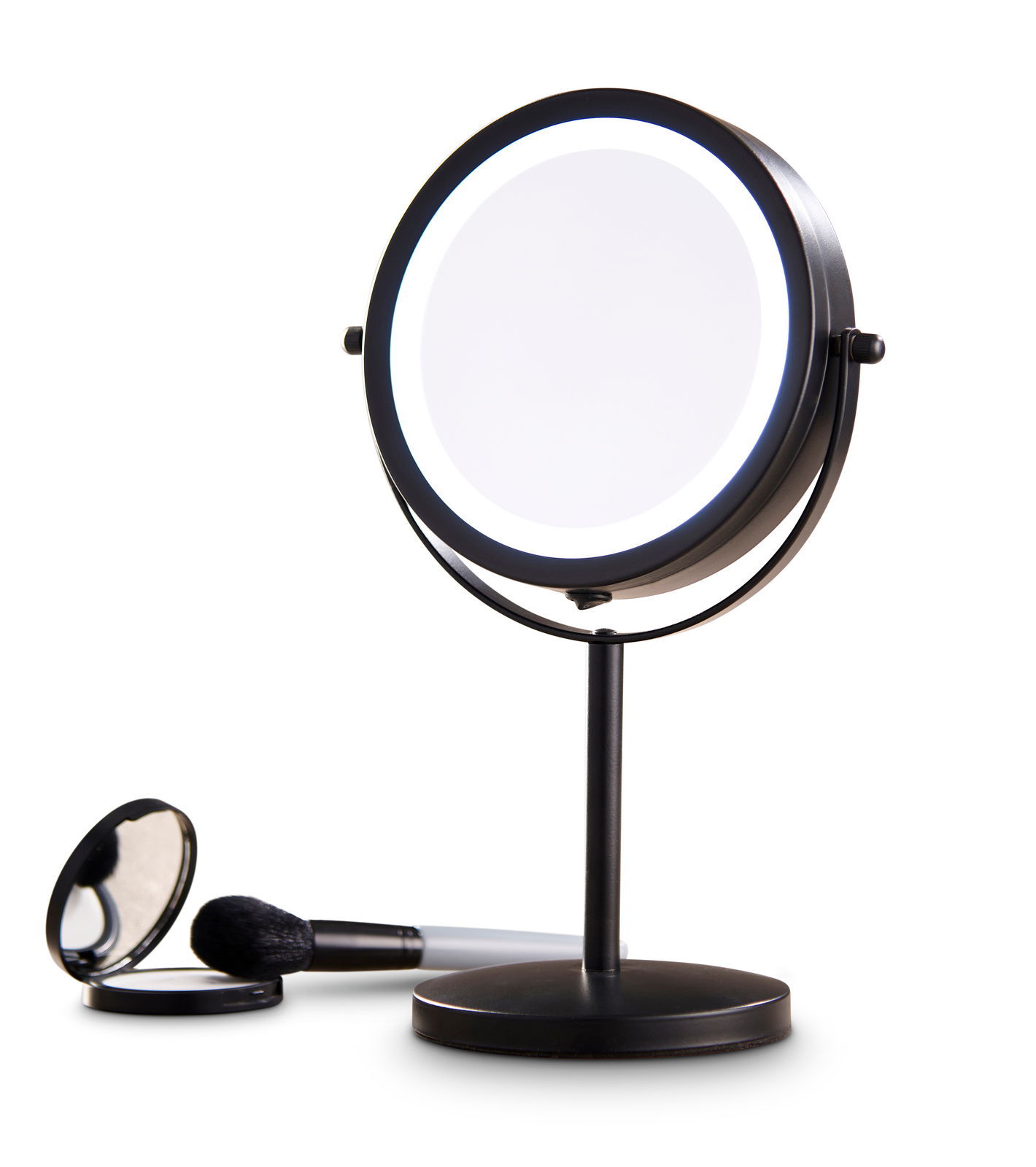 Day Schminkspiegel inkl. Beleuchtung Schwarzer Schminkspiegel mit Beleuchtung, aufrecht stehend, mit einem Pinsel und einem kleinen runden Spiegel im Vordergrund.