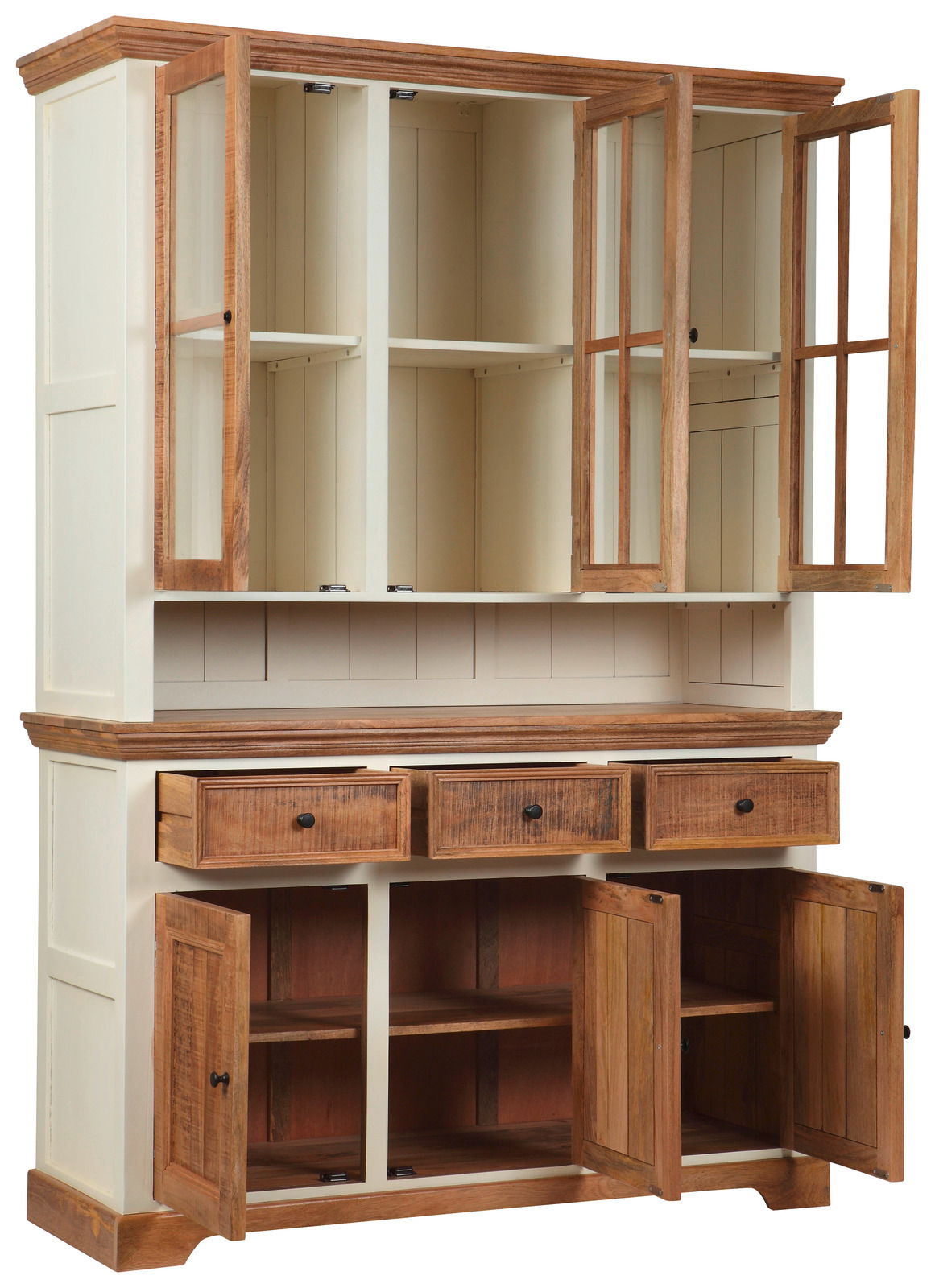 Vitrinenschrank aus Holz mit offenen Türen und Schubladen, frontal betrachtet.