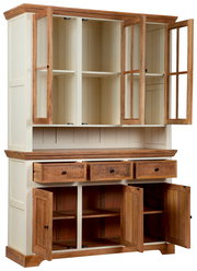 Vitrinenschrank aus Holz mit offenen Türen und Schubladen, frontal betrachtet.